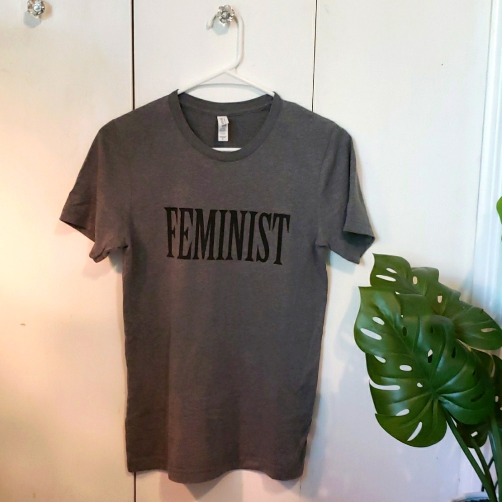 Bella + Canvas FEMINIST tee, size small, dark gray with black lettering.